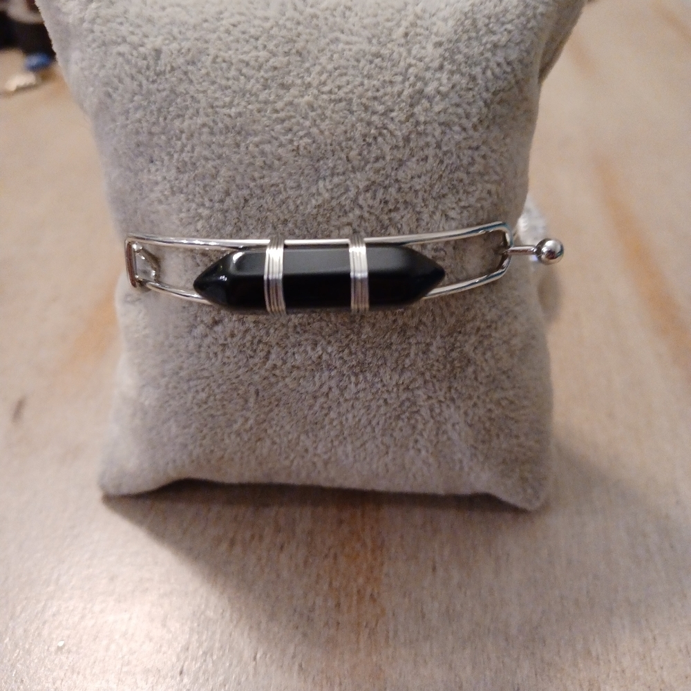 Black Tourmaline Hexagon Adjustable Wire Bangle Bracelet